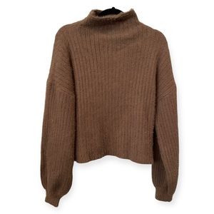 Prima Eyelash Fuzzy Turtleneck Mock Neck Sweater Balloon Sleeve Brown XXL
